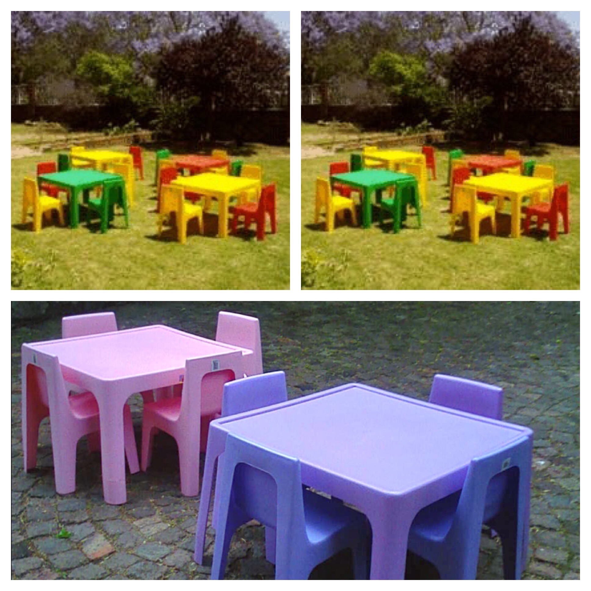 Children table and chairs. Yellow, Green, Red. Pink and Purple.